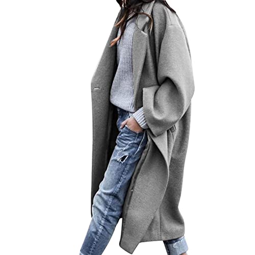 KEERADS einfarbig Outwear Winter Langarm lange Jacke Trenchcoat mit Jacke Mantel Filz Wolle Damen (Grey, M) von KEERADS