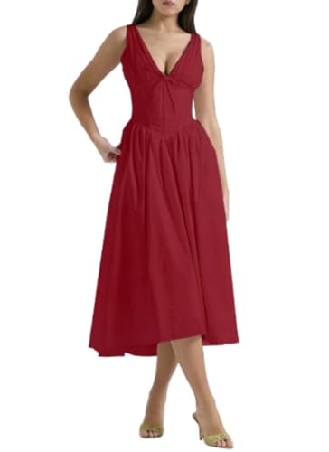 KEERSONG Baumwollkorsett-Sommerkleid, Blumenkorsettkleid mit V-Ausschnitt, Blumenkorsettkleid im sanften Stil (Small,Red) von KEERSONG