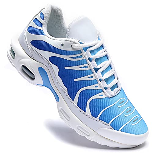 Herren Turnschuhe für Damen Luftkissen Laufschuhe Athletic Sport Tennis Sneakers Gym Joggen Fitness Walking Freizeitschuhe, weiß / blau, 46 EU von KEEZMZ