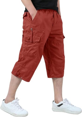 KEFITEVD 3/4 Cargohose Herren mit Gummizug Freizeithose Sommer Dreiviertel Cargo Shorts Bundeswehr Hose Männer Capri Pants Ziegelrot EU 32, CN L von KEFITEVD