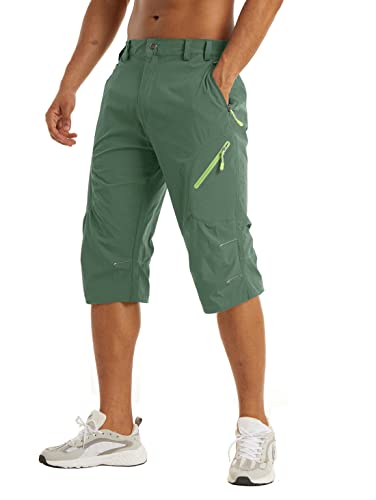 KEFITEVD 3/4 Hose Herren Leicht Wanderhose Sommer Stretch Caprihose Männer Cargo Bermuda Outdoor Hose Hellgrün 32 von KEFITEVD