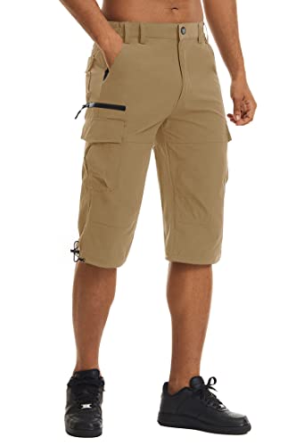 KEFITEVD 3/4 Wanderhose Herren Leicht Outdoorhose Stretch Cargo Bermuda Atmungsaktiv Dreiviertel Hose Männer Kurz Sommerhose mit Taschen Camping Bergsteigen Safari Khaki 34 von KEFITEVD