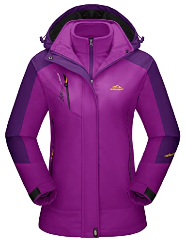 KEFITEVD 3-in-1 Jacke Damen Übergangsjacke Herbst Winter Regenjacke Softshell Jacke Wasserdicht Windjacke Fleece Innenjacke Warme Arbeitsjacke Kurz Parka Violett M von KEFITEVD