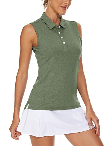 KEFITEVD Ärmellos Poloshirt Damen Golf Tennis Schnelltrocknend Funktionsshirt Reiten Shirt Frauen Running Sport Oberteil Meliert Dunkeloliv 2XL von KEFITEVD