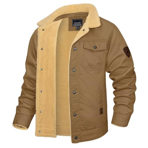 KEFITEVD Winter Cargo Jacken für Männer Winter Sherpa Gefütterte Trucker Jacke Thermischer Warmer Winddichter Mantel mit Umlegepelz Kragen Khaki von KEFITEVD