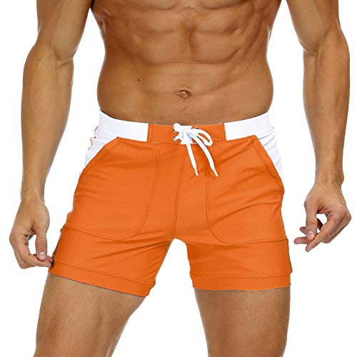 KEFITEVD Badehose Herren Kurz Eng Badeshorts Männer Boxer Stretch Shorts mit Taschen Schwimmhose Bodyfit Boardshorts Patch Lässig Sommerhose Orange 36 von KEFITEVD