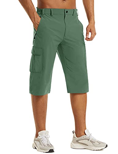 KEFITEVD Bermuda Shorts Herren 3/4 Outdoor Freizeit Hose mit Pattentaschen Dünne Hose Sommer Kurze Herrenhosen mit Stretchbund Erbsengrün 34 von KEFITEVD