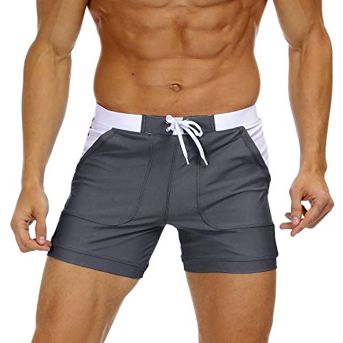 KEFITEVD Boardshorts Herren Eng Slim Fit Badepants Kurz Badeshorts Stretch Bade-Boxer Patchwork mit Taschen Leicht Strandhose Casual Shorts Grau 36 von KEFITEVD