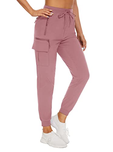 KEFITEVD Cargo Hose Damen Hohe Taille mit Bündchen Polyester Freizeithose Atmungsaktiv Funktionshose Sommer Elastisch Damenhose Graupink 2XL von KEFITEVD