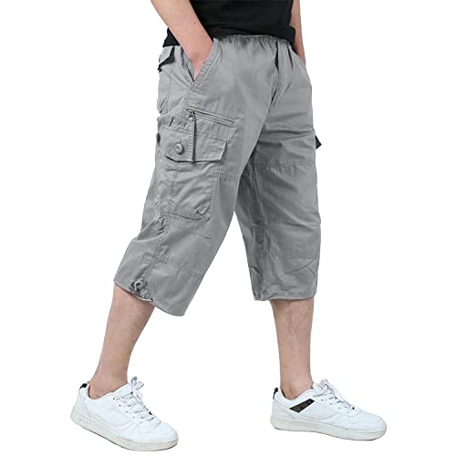 KEFITEVD Cargo Hose Herren 3/4 Shorts Bermuda Freizeithose mit Reißverschluss Caprihose Wandern Angeln Baumwollhose Hellgrau 32 von KEFITEVD