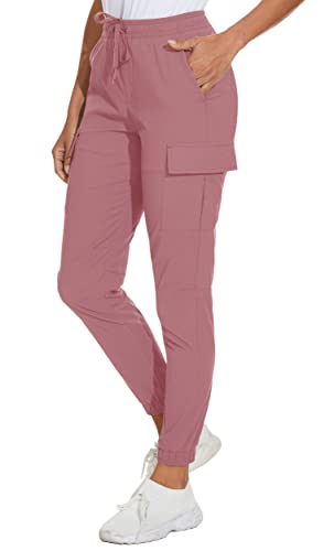 KEFITEVD Cargo Jogger Hose Damen Leicht Sporthose Sommer Atmungsaktiv Funktionshose Outdoor Wandern Hose mit Taschen Frauen Elasstisch Freizeithose Grau-Rosa L von KEFITEVD