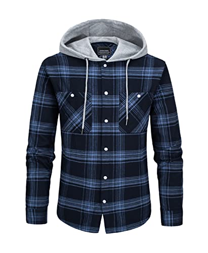 KEFITEVD Check Shirt Herren Freizeit Flanell Karojacke Leicht Atmungsaktiv Kapuzenhemd mit Kordelzug Männer Knopfleiste Langärmliges Baumwollhemd Grau-Blau S von KEFITEVD