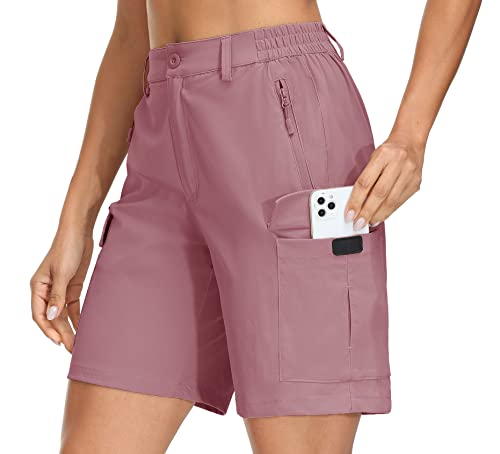 KEFITEVD Damen Bermuda Shorts Stretchbund Wanderhose Knielang Schnelltrocknend Leichte Kurz Trekkinghose Cargo Shorts für Camping Radfahren Reisen Grau-rosa M von KEFITEVD