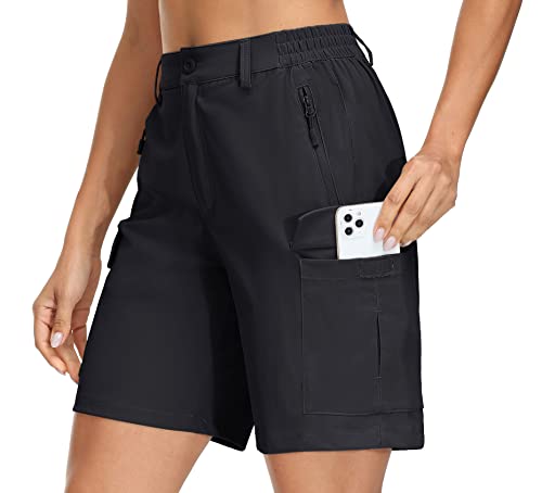 KEFITEVD Damen Golf Shorts Quick Dry Stretch Kurz Cargohose Sommer Bermuda Outdoorshorts Leichte Wander Shorts mit Seitentaschen für Trekking Camping Schwarz M von KEFITEVD