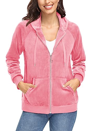 KEFITEVD Damen Hoodie Jacke Velour Übergangsjacke Casual Fleece Sweatjacke Laufen Frühling Sportswear Camping Outdoorjacke Leichte Samt Trainingsjacke Winddicht Sweatshirt Rosa 2XL von KEFITEVD