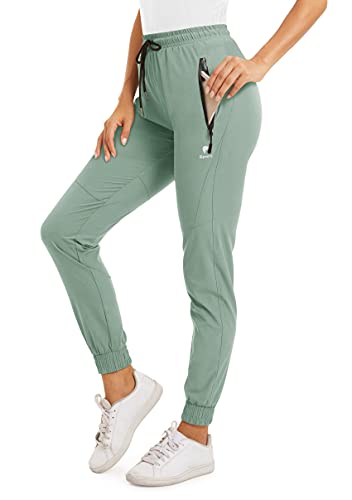 KEFITEVD Damen Jogging Hose Stretch Gummizug Sweat Pants mit Kordelzug Zip Taschen Frauen Hosen Leicht Atmungsaktiv Training Hose für Running Wandern Sommer Hellgrün L von KEFITEVD