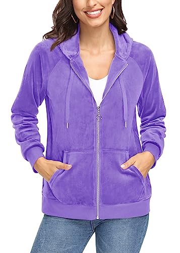 KEFITEVD Damen Kapuzensweatjacke Winter Velour Freizeitjacke Sport Jogging Kapuzenjacke Winddicht Hoodie Übergangsjacke Warme Fleece Jacke Outdoor Sweatshirt Hellviolett 2XL von KEFITEVD