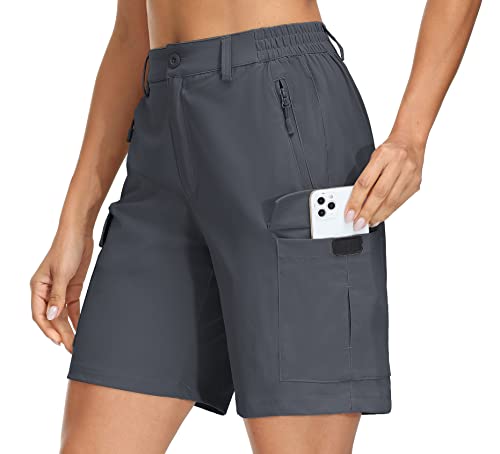 KEFITEVD Damen Knielang Wandershorts Schnelltrocknend Kurz Trekkinghose Sommer Bermuda Golf Shorts Stretchbund Outdoorshorts mit Multi Tasche Dunkelgrau L von KEFITEVD