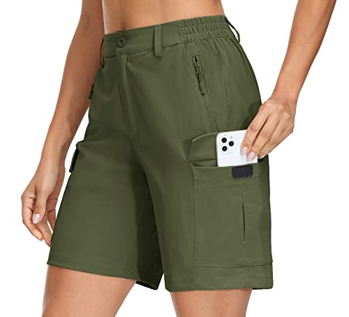 KEFITEVD Damen Kurz Wanderhose Schnelltrocknend Sommer Bermuda Leichte Stretchshorts Outdoor Shorts mit 4 Taschen für Trekking Radfahren Camping Dunkelgrün M von KEFITEVD