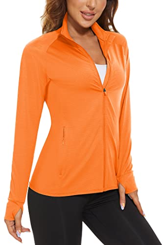 KEFITEVD Damen Laufjacke Herbst UV Schutzkleiung Sportjacke Leicht Stehkragen Sweatjacke Langarm Trainingsjacke Daumenloch Jacke mit Tasche für Yoga Fitness Leuchtendes-Orange 2XL von KEFITEVD