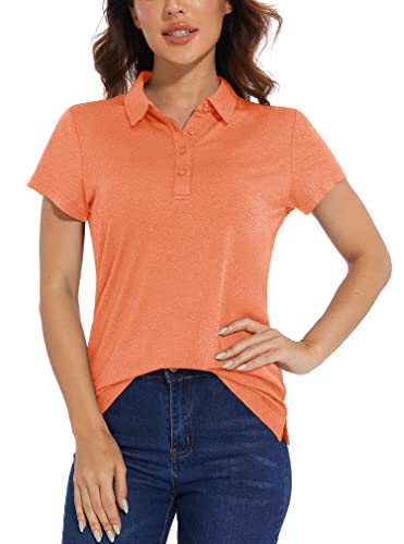 KEFITEVD Damen Poloshirt Kurzarm Atmungsaktiv T-Shirt UV Schutzkleidung Sweatshirt Stretch Laufshirt UPF 50+ Outdoorshirt mit Knopfleiste Trainingsshirt Frühling Oberteil Orange L von KEFITEVD