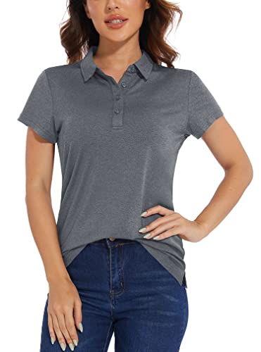 KEFITEVD Damen Poloshirt Sommer T-Shirt Stretch Shirt Frauen Golf Kurzarmshirt Atmungsaktiv Freizeitshirt Sport Funktionsshirt Leichte Polo Bluse mit Knöpfen Polohemd Dunkelgrau S von KEFITEVD