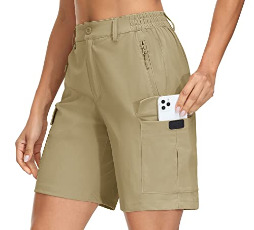 KEFITEVD Damen Shorts Bermuda Stretchbund Schnelltrocknend Wandershorts Leichte Cargoshorts Kurz Trekkinghose mit Tasche für Trekking Camping Khaki L von KEFITEVD