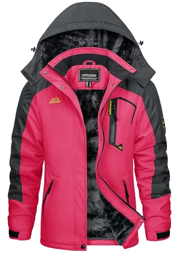 KEFITEVD Damen Skijacke Warm Gefüttert Wasserabweisend Winterparka Multi-Taschen Angeln Mountainbike zum Skifahren Snowboarden Gefüttert Allwetterjacke Rosenrot M von KEFITEVD