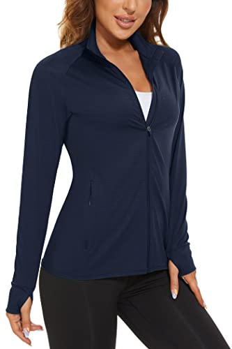 KEFITEVD Damen Sweatjacke Frühling Elastisch Trainingsjacke Leichte Atmungsaktiv Sportjacke UPF 50+ Sonnenschutz Laufjacke mit Daumenloch und Seitentasche Lauftop Marineblau 2XL von KEFITEVD