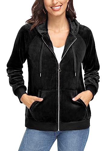 KEFITEVD Damen Sweatjacke Warm Velour Winterjacke Hoodie Freizeit Jacke Sport Übergangsjacke Reißverschluss Kapuzenjacke Fleece Laufjacke Winddicht Oberteile mit Kapuze Schwarz L von KEFITEVD