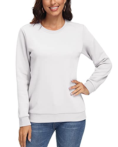 KEFITEVD Damen Sweatshirt Winter Freizeit Fleecepullover Frauen Rundhalsausschnitt Fleeceshirt Stretch Innenfutter Langarmshirt Modisch Sportshirt Outdoor Oberteil Basic Top Weiß L von KEFITEVD