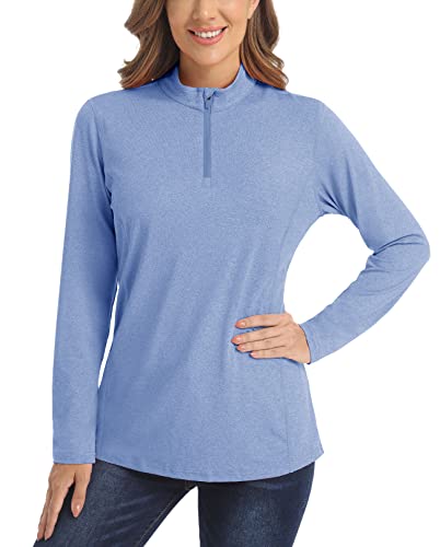 KEFITEVD Damen UV Schutz Shirt UPF 50+ Sonnenschutz Sportshirt Frauen Sport Langarmshirt Atmungsaktiv Quarter Zip T-Shirt Sommer Funktionsshirt Stehkragen Bluse Meliert Hellblau L von KEFITEVD