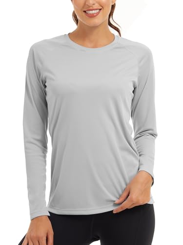 KEFITEVD Sport Shirt Damen UV Shirt Damen Langarm Wandershirt Atmungsaktiv Surfshirt Funktions Langarmshirt Hellgrau L von KEFITEVD