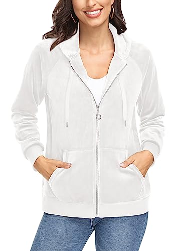 KEFITEVD Damen Velour Fleecejacke Warm Sport Kapuzenjacke Outdoor Langarm Sweatshirt Hoodie Trainingsjacke mit Reißverschlusstaschen Frühling Atmungsaktiv Übergangsjacke Beige M von KEFITEVD