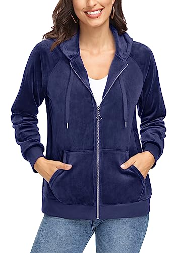 KEFITEVD Damen Velour Sweatjacke Hooodie Fleece Jacke Warme Sportjacke Full Zip Freizeitjacke für Jogging Training Langarm Kapuze Übergangsjacke Winter Laufjacke Marineblau 2XL von KEFITEVD