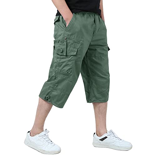 KEFITEVD Dreiviertel Hosen Herren Cargo Shorts Sommer Outdoor Hose Baumwolle Viele Taschen Army Hose mit Stretchbund Hellgrün 33 von KEFITEVD