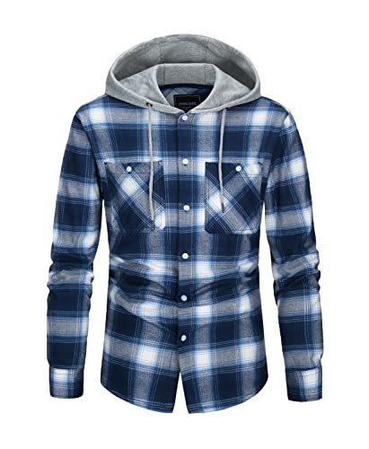 KEFITEVD Flanellhemd Herren Kariert Baumwolle Shirt mit Kapuze Langarm Freizeit Hemd Weich Leicht Holzfällerjacke Atmungsaktiv Knopfleiste Oberteil Regular Fit Blau-Weiß 3XL von KEFITEVD