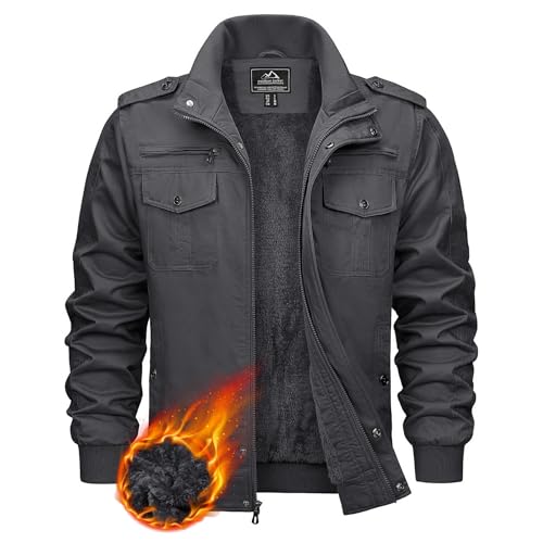 KEFITEVD Fleece Troyer Herren Warme Winterjacke Fleece Militär Jacke Cargo Jacke mit Brusttaschen Pilotenjacke Bomber Coat Dunkelgrau M von KEFITEVD