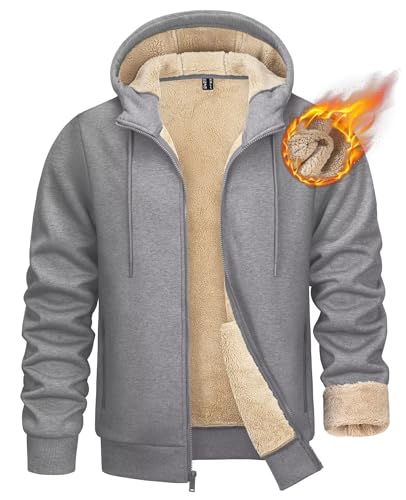 KEFITEVD Fleecejacke Herren mit Kapuze Sweatjacke Thermo Gefüttert Kapuzenjacke mit Reißverschluss Taschen Winter Baumwolle Jacke Atmungsaktiv Sportjacke Meliert Hellgrau XL von KEFITEVD