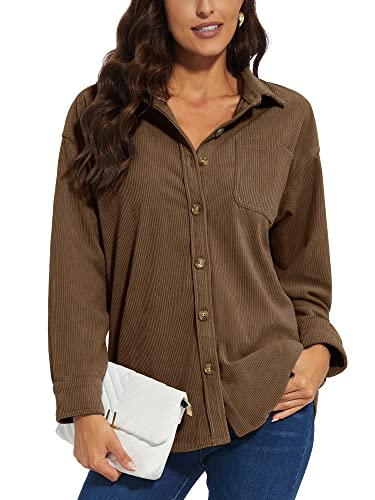 KEFITEVD Freizeithemd Damen Atmungsaktiv Casual Blusenshirt Leicht Sommer Shirt Herbst Winter Hemd mit Taschen Winddicht Übergangs Cord Jacke Dünn Frühling Hemdbluse Kaffee M von KEFITEVD