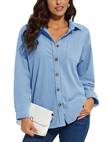 KEFITEVD Funktionshemd Damen Outdoor Arbeitshemd Business Langarmshirt mit Knöpfen Hemd Shirts Frauen Freizeithemd Atmungsaktiv Herbst Cordhemd Vintage Jacke Hellblau 2XL von KEFITEVD