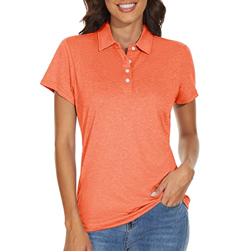 KEFITEVD Funktionsshirt Damen Kurzarm Atmungsaktiv mit Knopfleiste Sommer Leicht Poloshirt Stretch Sport Oberteil Meliert Orange S von KEFITEVD