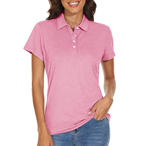 KEFITEVD Funktionsshirt Damen Kurzarm Atmungsaktiv mit Knopfleiste Sommer Leicht Poloshirt Stretch Sport Oberteil Meliert Rosa 2XL von KEFITEVD