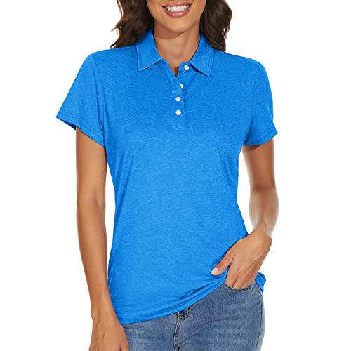 KEFITEVD Funktionsshirt Damen Kurzarm Leicht Sommershirt Jersey Poloshirt Golfbekleidung Tailliert Outdoor Shirt Polo Wandershirt Meliert Meerblau 2XL von KEFITEVD