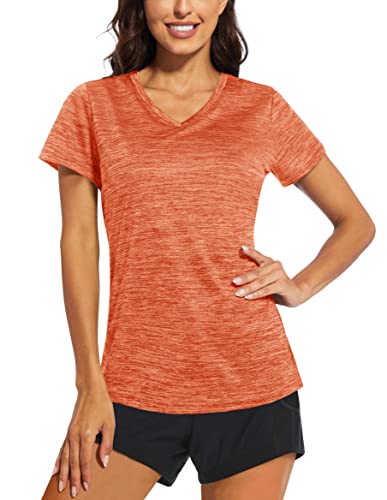 KEFITEVD Funktionsshirt Damen Kurzarm V-Neck Sport T-Shirt Dünn Yoga Shirt Jogging Laufshirt Atmungsaktiv Leicht Fitnessshirt Stretch Joggingshirt Polyester Top Meliert Orange 2XL von KEFITEVD