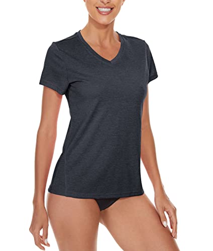 KEFITEVD Funktionsshirt Damen Kurzarm V-Neck Sport T-Shirt Leicht Yoga Shirt Atmungsaktiv Laufshirt Meliert Schwarz 2XL von KEFITEVD