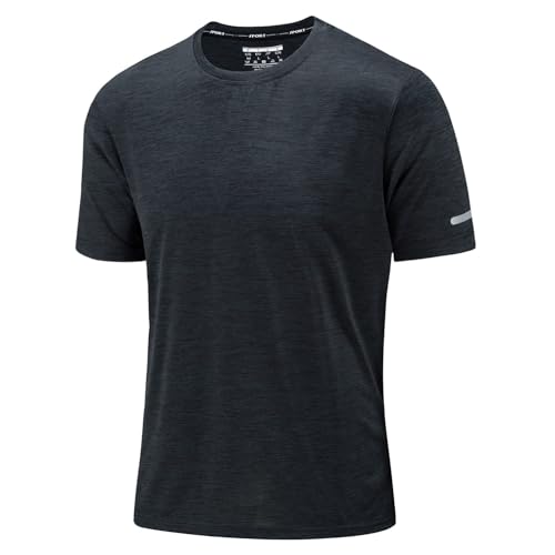 KEFITEVD Funktionsshirt Herren Schnelltrocknendes Kurzarm Shirt mit Reflektierenden Streifen Laufen Short Sleeve T-Shirts Atmungsaktiv Laufshirt Schwarz Meliert L von KEFITEVD