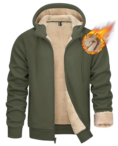 KEFITEVD Gefüttert Sweatjacke Herren Winter Sherpa Jacke mit Kapuze Casual Freizeitjacke Verdickt Stretch Fleecejacke Atmungsaktiv Kapuzenjacke Dunkelgrün L von KEFITEVD