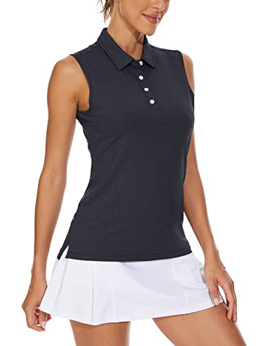 KEFITEVD Golf Poloshirt Damen Ärmellos Tennis Shirt Meliert Casual Freizeitshirt Sommer Atmungsaktiv Tank Top Sleeveless Sportshirt Meliert Schwarz 2XL von KEFITEVD