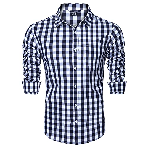 KEFITEVD Hemd Herren Kariert Solid Shirt Freizeit Baumwollhemd Frühling Herbst Langärmliges Hemd mit Knopf Outdoor Leicht Holzfällerhemd Dunkelblau-Weiß 3XL von KEFITEVD